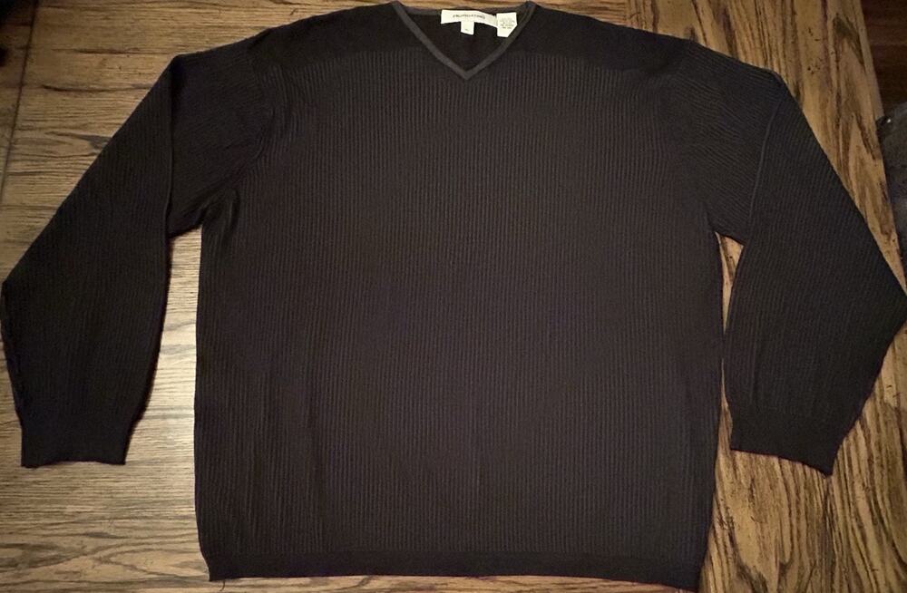 Pronto Uomo Black Ribbed-Knit Silk Blend V-Neck Pullover Sweater XL Men's